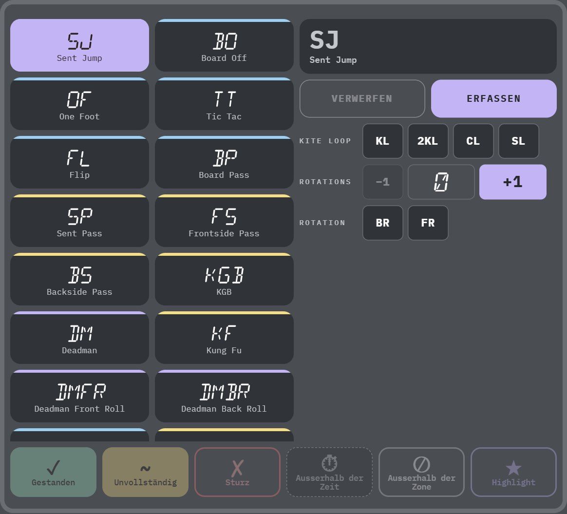 Kitesurf-Deck in der App, Modus Buttons