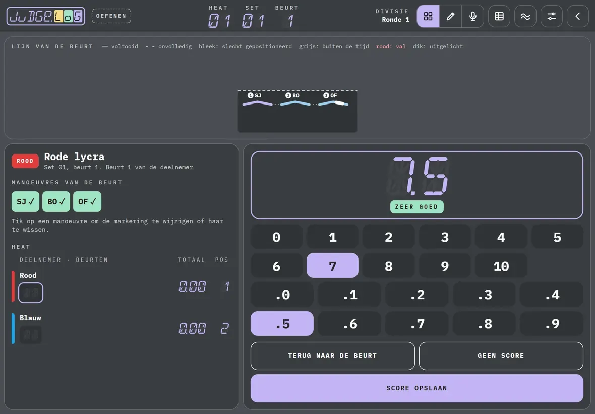 Score van de beurt en scores van de heat · 3/5
