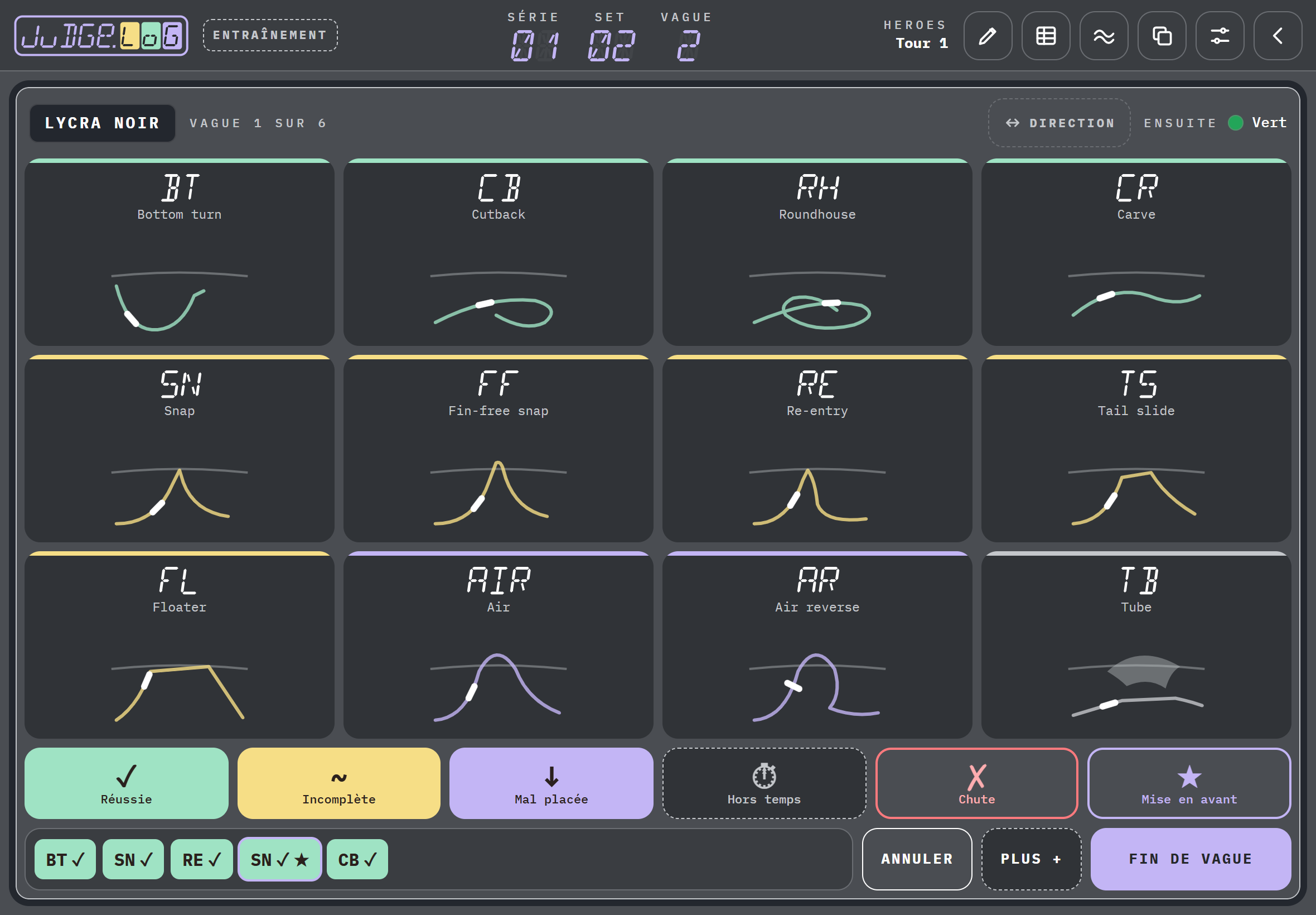 Feuille de juge JudgeLog sur une tablette : boutons de manœuvres de surf avec leur trajectoire, marques réussie, incomplète, mal placée, hors temps, chute et mise en avant, et les manœuvres de la vague notées en bas.
